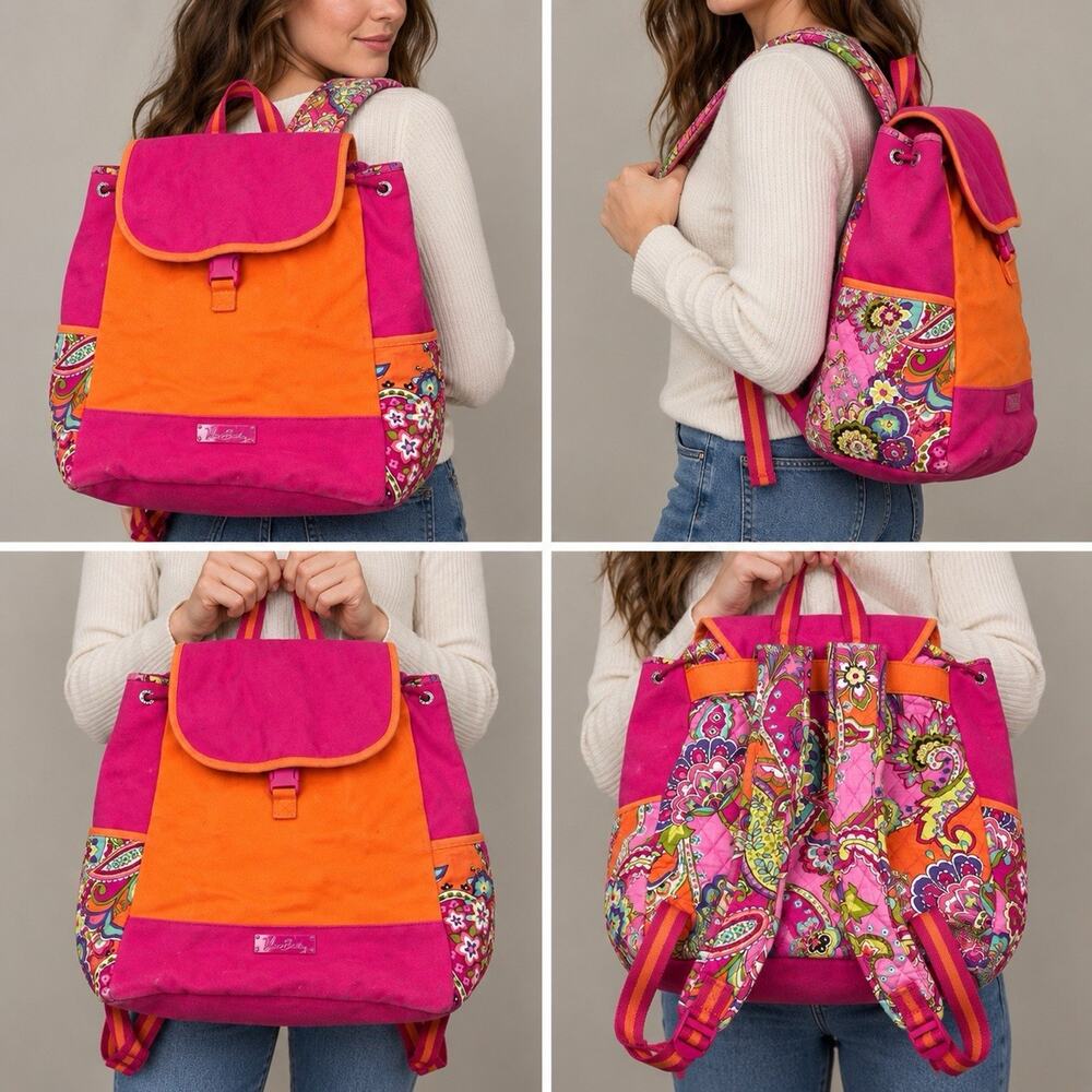 Vera Bradley Colorblock Backpack Pink Orange Floral Drawstring Travel Bag